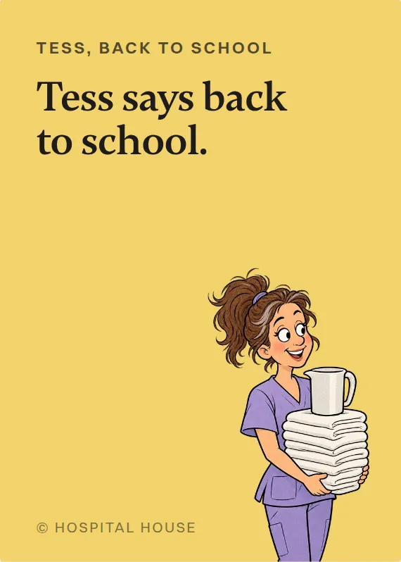 Tess back to school card: Tess says back to school.